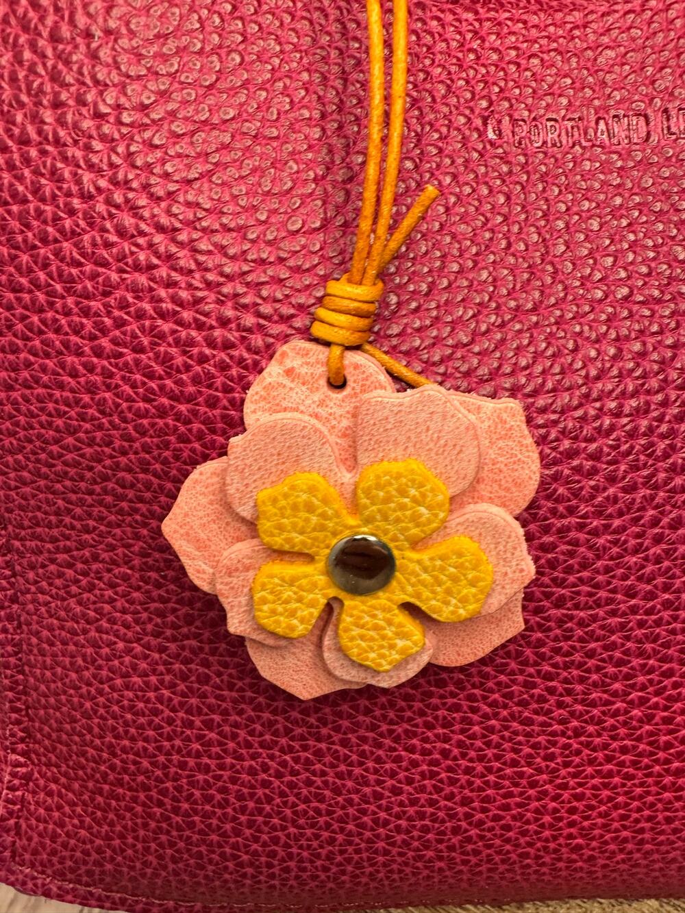 Leather Flower Bag Charm Yellow Pink Pink Flower Purse Charm Genuine Leather